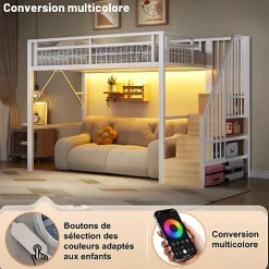 ModernLuxe Lit mezzanine 90 x 200 cm - Structure en fer - Éclairage LED - Escalier - Blanc (matelas non inclus) New