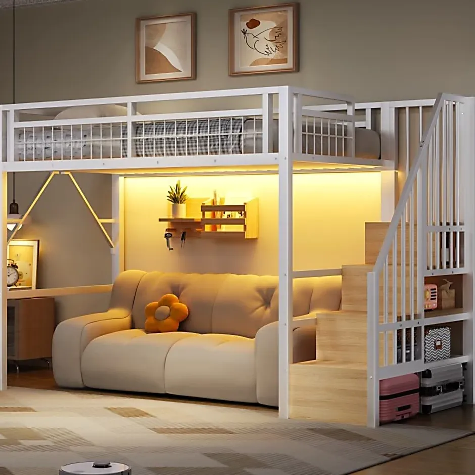 ModernLuxe Lit mezzanine 90 x 200 cm - Structure en fer - Éclairage LED - Escalier - Blanc (matelas non inclus) New