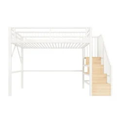 ModernLuxe Lit mezzanine 90 x 200 cm - Structure en fer - Éclairage LED - Escalier - Blanc (matelas non inclus) New