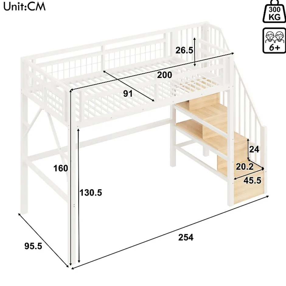 ModernLuxe Lit mezzanine 90 x 200 cm - Structure en fer - Éclairage LED - Escalier - Blanc (matelas non inclus) New