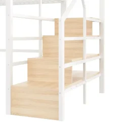 ModernLuxe Lit mezzanine 140 x 200 cm - Structure en fer - Éclairage LED - Escalier - Blanc (matelas non inclus) Hot