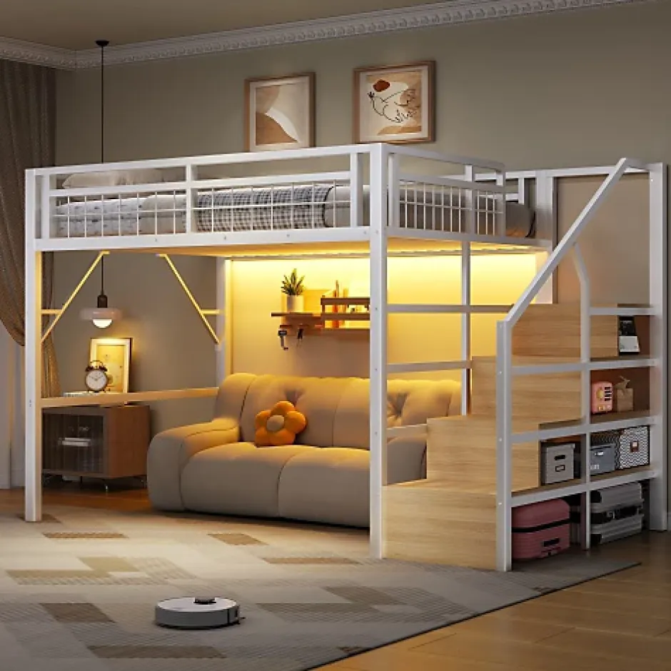 ModernLuxe Lit mezzanine 140 x 200 cm - Structure en fer - Éclairage LED - Escalier - Blanc (matelas non inclus) Hot