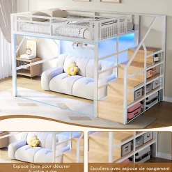 ModernLuxe Lit mezzanine 140 x 200 cm - Structure en fer - Éclairage LED - Escalier - Blanc (matelas non inclus) Hot