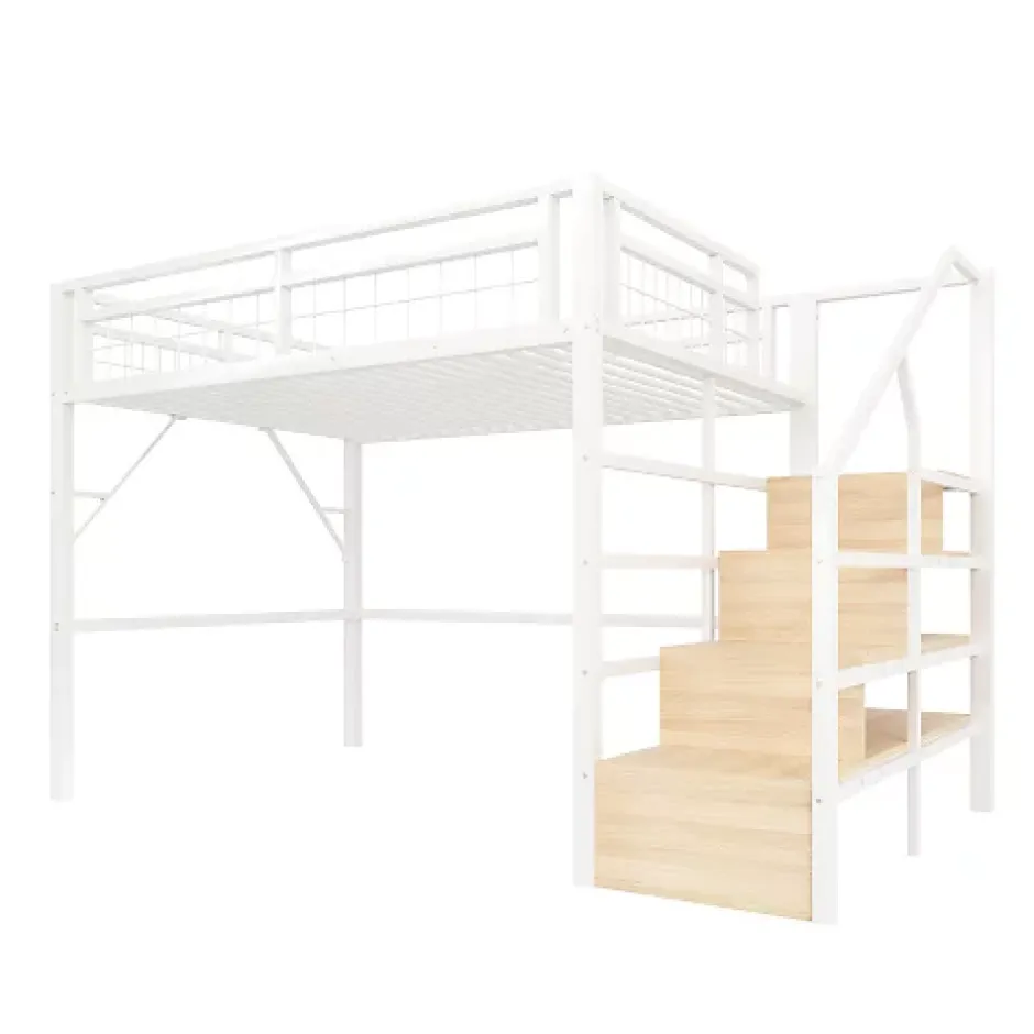 ModernLuxe Lit mezzanine 140 x 200 cm - Structure en fer - Éclairage LED - Escalier - Blanc (matelas non inclus) Hot