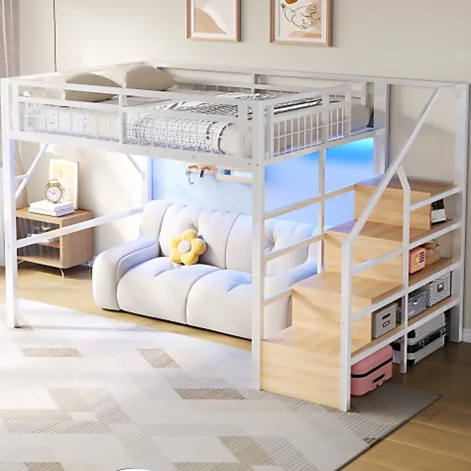 ModernLuxe Lit mezzanine 140 x 200 cm - Structure en fer - Éclairage LED - Escalier - Blanc (matelas non inclus) Hot