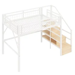 ModernLuxe Lit mezzanine 140 x 200 cm - Structure en fer - Éclairage LED - Escalier - Blanc (matelas non inclus) Hot