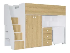Vente-unique Lit mezzanine 90 x 190 cm avec armoire et bureau - Blanc et naturel - LANILATO