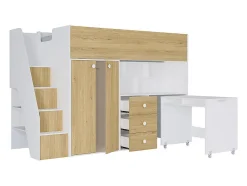 Vente-unique Lit mezzanine 90 x 190 cm avec armoire et bureau - Blanc et naturel - LANILATO