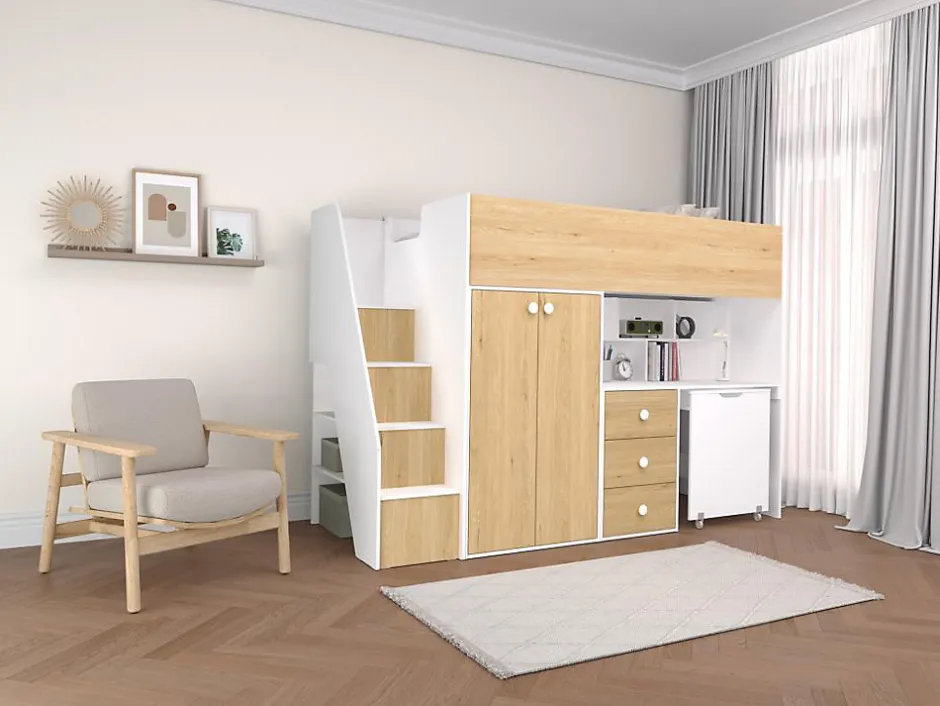 Vente-unique Lit mezzanine 90 x 190 cm avec armoire et bureau - Blanc et naturel - LANILATO
