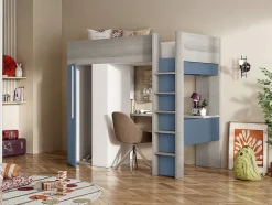 Vente-unique Lit mezzanine 90 x 200 cm avec armoire et bureau - Bleu et blanc + matelas - NICOLAS
