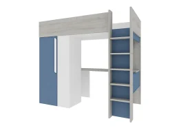 Vente-unique Lit mezzanine 90 x 200 cm avec armoire et bureau - Bleu et blanc + matelas - NICOLAS