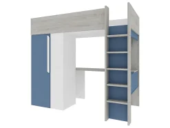 Vente-unique Lit mezzanine 90 x 200 cm avec armoire et bureau - Bleu et blanc + matelas - NICOLAS