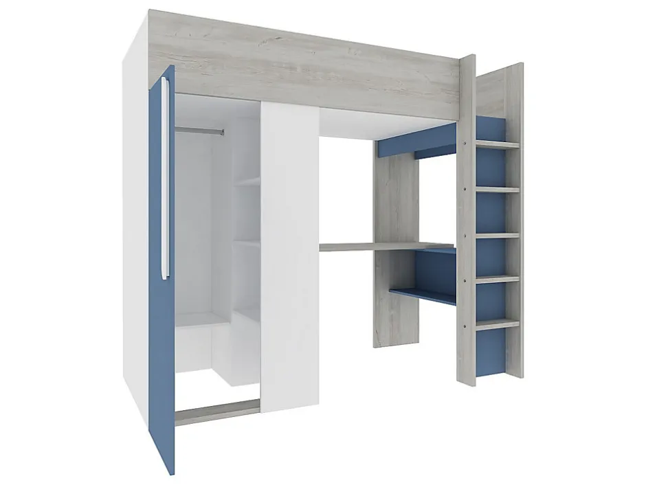 Vente-unique Lit mezzanine 90 x 200 cm avec armoire et bureau - Bleu et blanc + matelas - NICOLAS