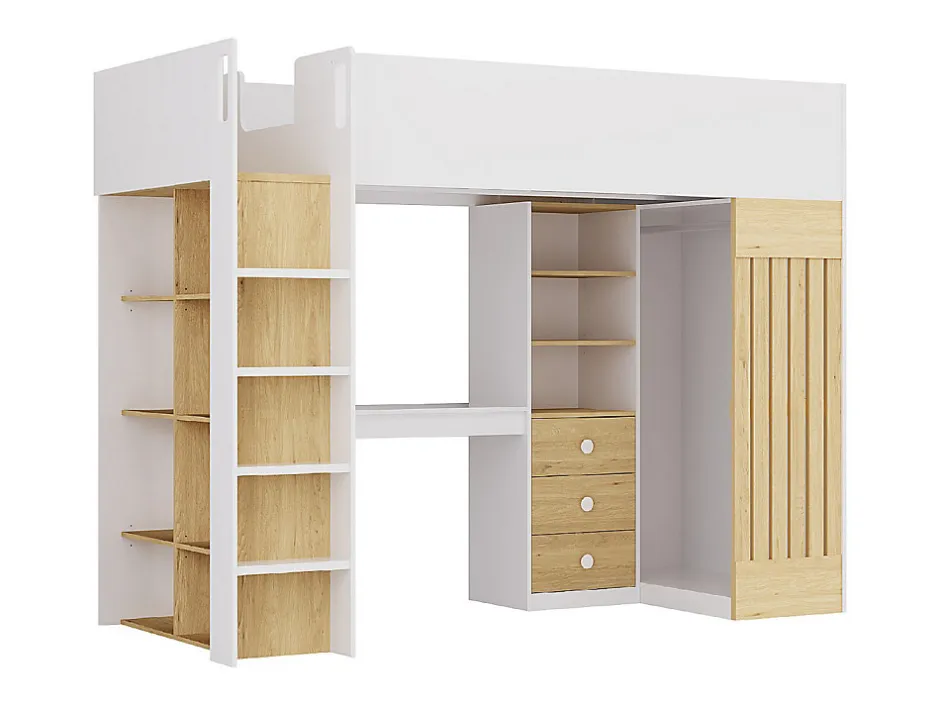 Vente-unique Lit mezzanine 90 x 190 cm avec bureau et penderie - Coloris : Blanc et naturel - LORINTI