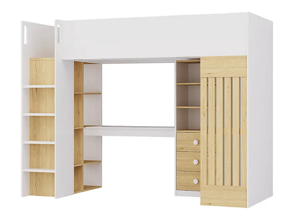 Vente-unique Lit mezzanine 90 x 190 cm avec bureau et penderie - Coloris : Blanc et naturel - LORINTI