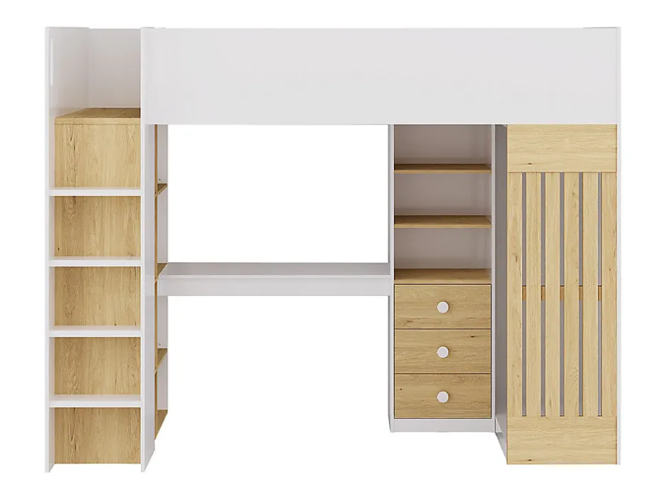 Vente-unique Lit mezzanine 90 x 190 cm avec bureau et penderie - Coloris : Blanc et naturel - LORINTI