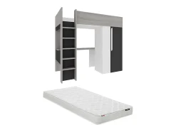 Vente-unique Lit mezzanine 90 x 200 cm avec armoire et bureau - Anthracite et blanc + matelas - NICOLAS II Best