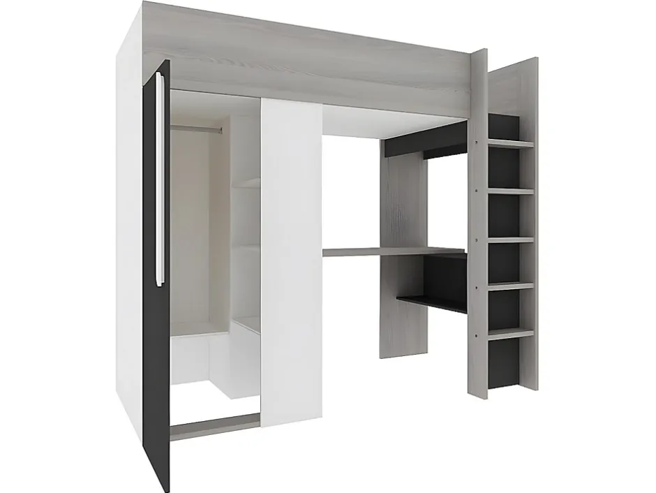 Vente-unique Lit mezzanine 90 x 200 cm avec armoire et bureau - Anthracite et blanc + matelas - NICOLAS II Best