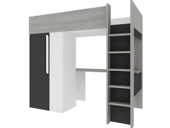 Vente-unique Lit mezzanine 90 x 200 cm avec armoire et bureau - Anthracite et blanc + matelas - NICOLAS II Best