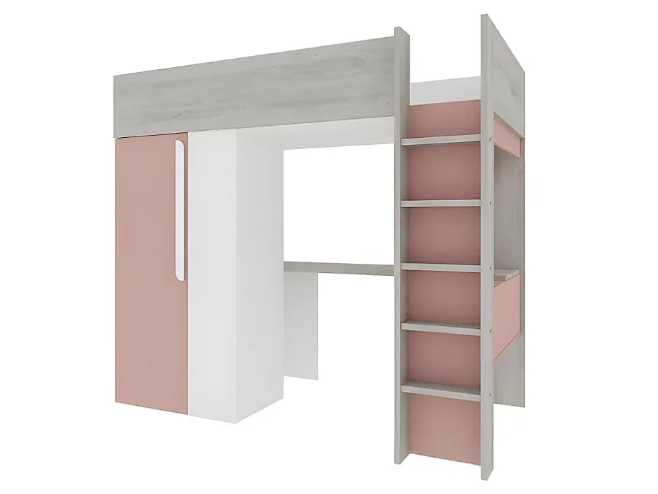 Vente-unique Lit mezzanine 90 x 200 cm avec armoire et bureau - Rose et blanc + matelas - NICOLAS Online