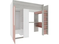 Vente-unique Lit mezzanine 90 x 200 cm avec armoire et bureau - Rose et blanc + matelas - NICOLAS Online