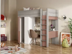 Vente-unique Lit mezzanine 90 x 200 cm avec armoire et bureau - Rose et blanc - NICOLAS