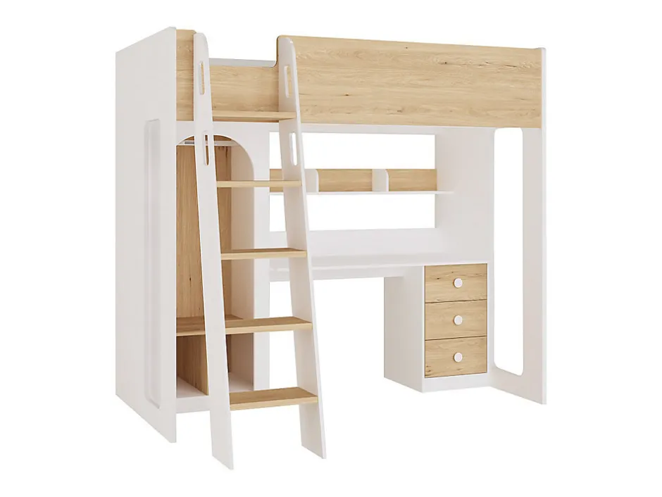 Vente-unique Lit mezzanine 90 x 190 cm avec penderie et bureau - Coloris : Naturel et blanc - ALVENOU