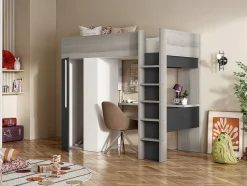 Vente-unique Lit mezzanine 90 x 200 cm avec armoire et bureau - Anthracite et blanc - NICOLAS II