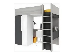 Vente-unique Lit mezzanine 90 x 200 cm avec armoire et bureau - Anthracite et blanc - NICOLAS II