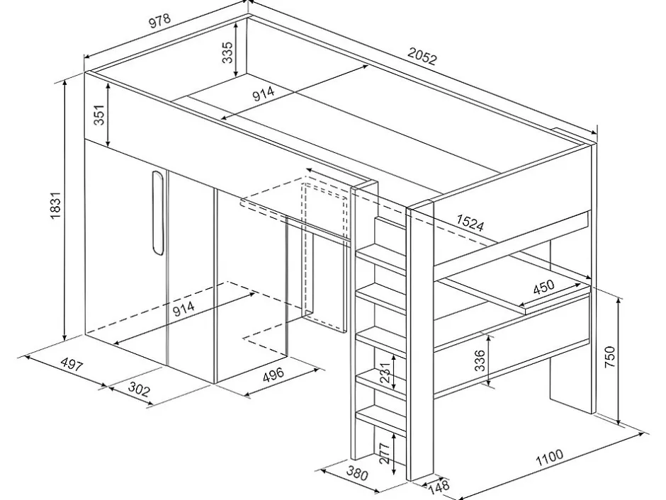 Vente-unique Lit mezzanine 90 x 200 cm avec armoire et bureau - Anthracite et blanc - NICOLAS II