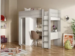 Vente-unique Lit mezzanine 90 x 200 cm avec armoire et bureau - Naturel grisé et blanc - NICOLAS