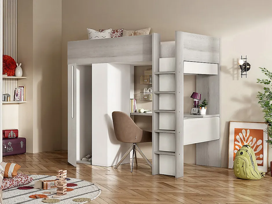 Vente-unique Lit mezzanine 90 x 200 cm avec armoire et bureau - Naturel grisé et blanc - NICOLAS