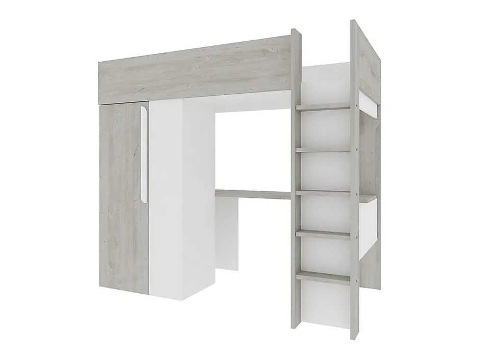 Vente-unique Lit mezzanine 90 x 200 cm avec armoire et bureau - Naturel grisé et blanc - NICOLAS