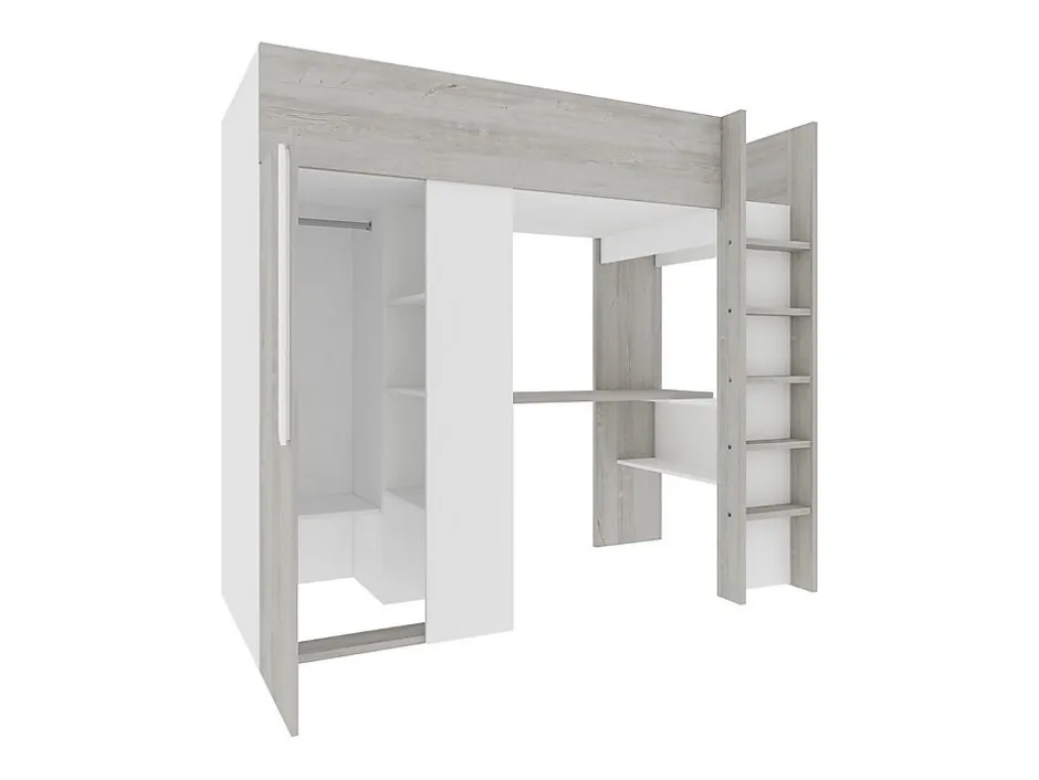 Vente-unique Lit mezzanine 90 x 200 cm avec armoire et bureau - Naturel grisé et blanc - NICOLAS