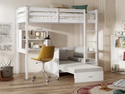 Vente-unique Lit mezzanine 90 x 200 cm avec bureau, sofa convertible et rangements - Pin et MDF - Blanc - GOLIATH III