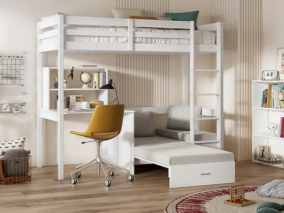 Vente-unique Lit mezzanine 90 x 200 cm avec bureau, sofa convertible et rangements - Pin et MDF - Blanc - GOLIATH III