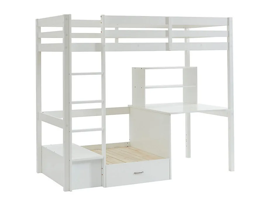 Vente-unique Lit mezzanine 90 x 200 cm avec bureau, sofa convertible et rangements - Pin et MDF - Blanc - GOLIATH III