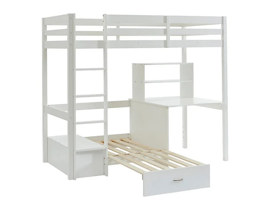 Vente-unique Lit mezzanine 90 x 200 cm avec bureau, sofa convertible et rangements - Pin et MDF - Blanc - GOLIATH III