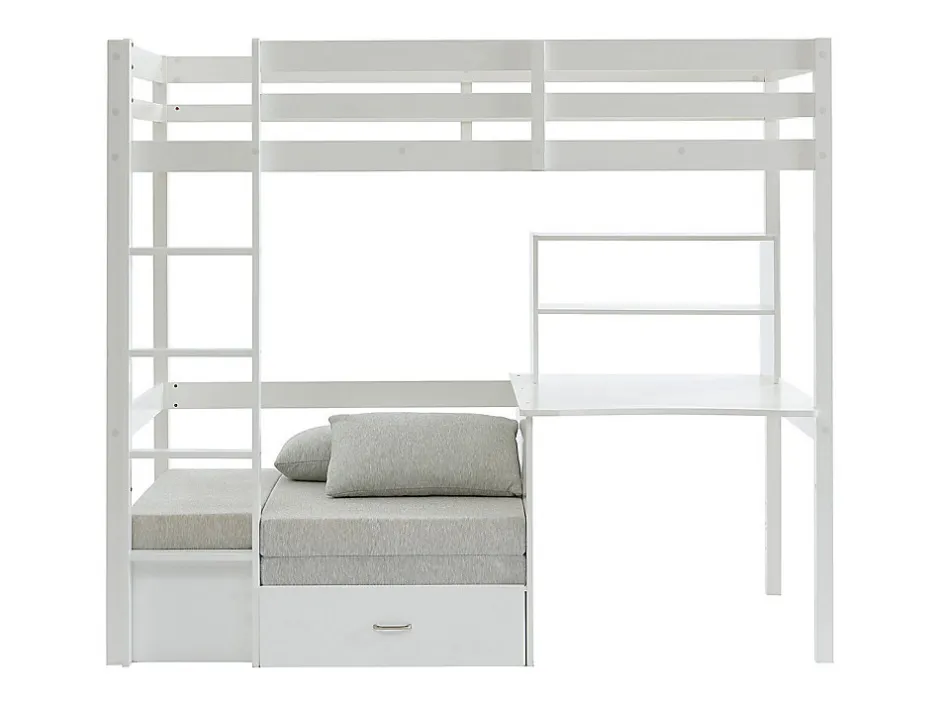 Vente-unique Lit mezzanine 90 x 200 cm avec bureau, sofa convertible et rangements - Pin et MDF - Blanc - GOLIATH III