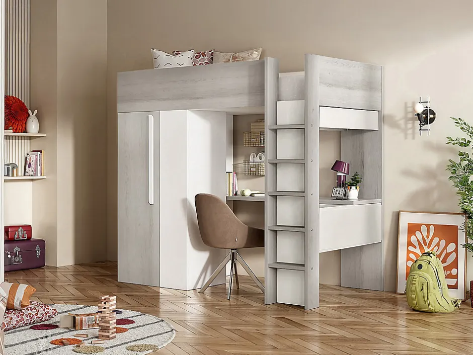 Vente-unique Lit mezzanine 90 x 200 cm avec armoire et bureau - Naturel grisé et blanc + Matelas - NICOLAS
