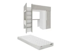 Vente-unique Lit mezzanine 90 x 200 cm avec armoire et bureau - Naturel grisé et blanc + Matelas - NICOLAS
