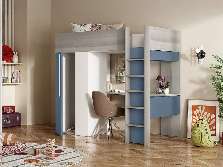 Vente-unique Lit mezzanine 90 x 200 cm avec armoire et bureau - Bleu et blanc - NICOLAS