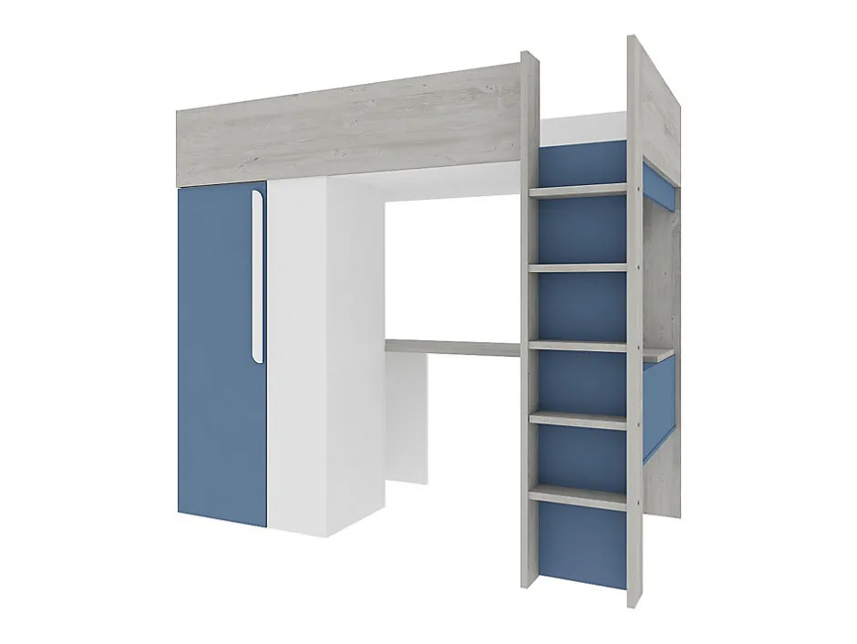 Vente-unique Lit mezzanine 90 x 200 cm avec armoire et bureau - Bleu et blanc - NICOLAS