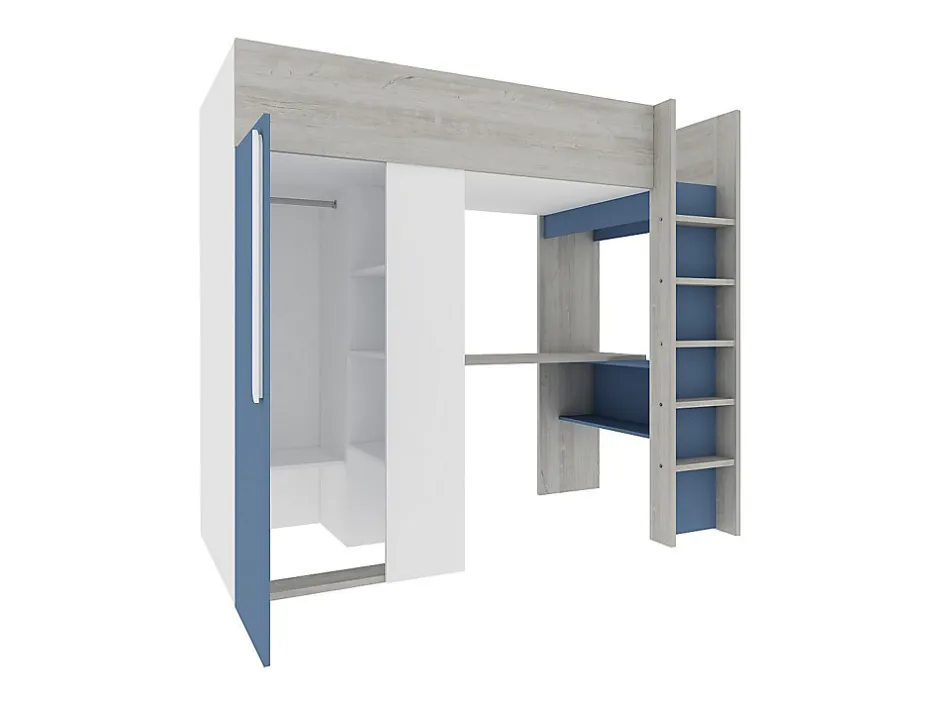 Vente-unique Lit mezzanine 90 x 200 cm avec armoire et bureau - Bleu et blanc - NICOLAS