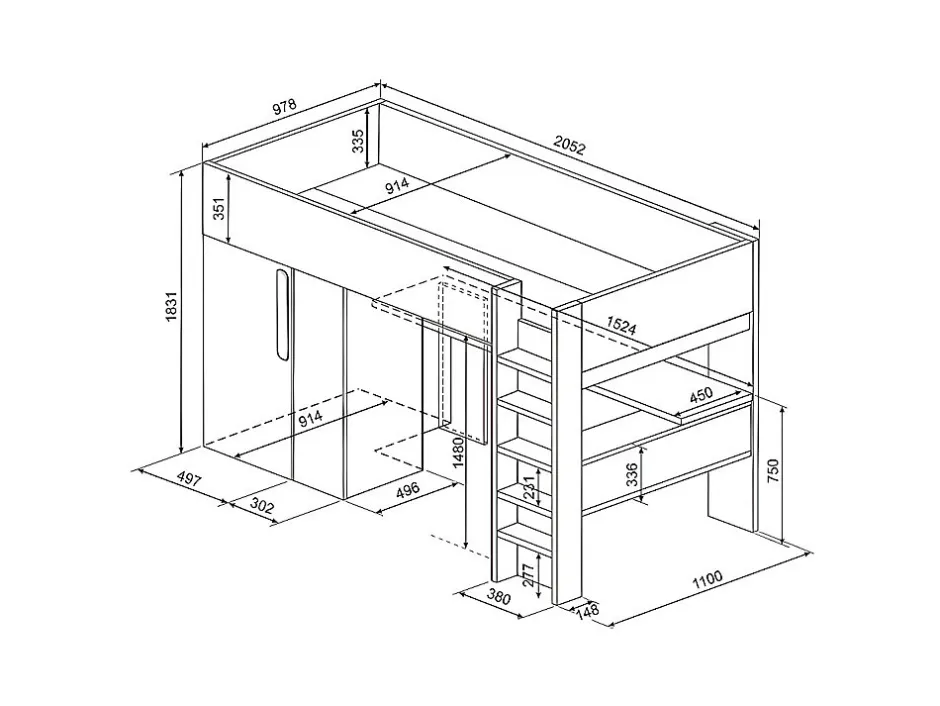 Vente-unique Lit mezzanine 90 x 200 cm avec armoire et bureau - Bleu et blanc - NICOLAS