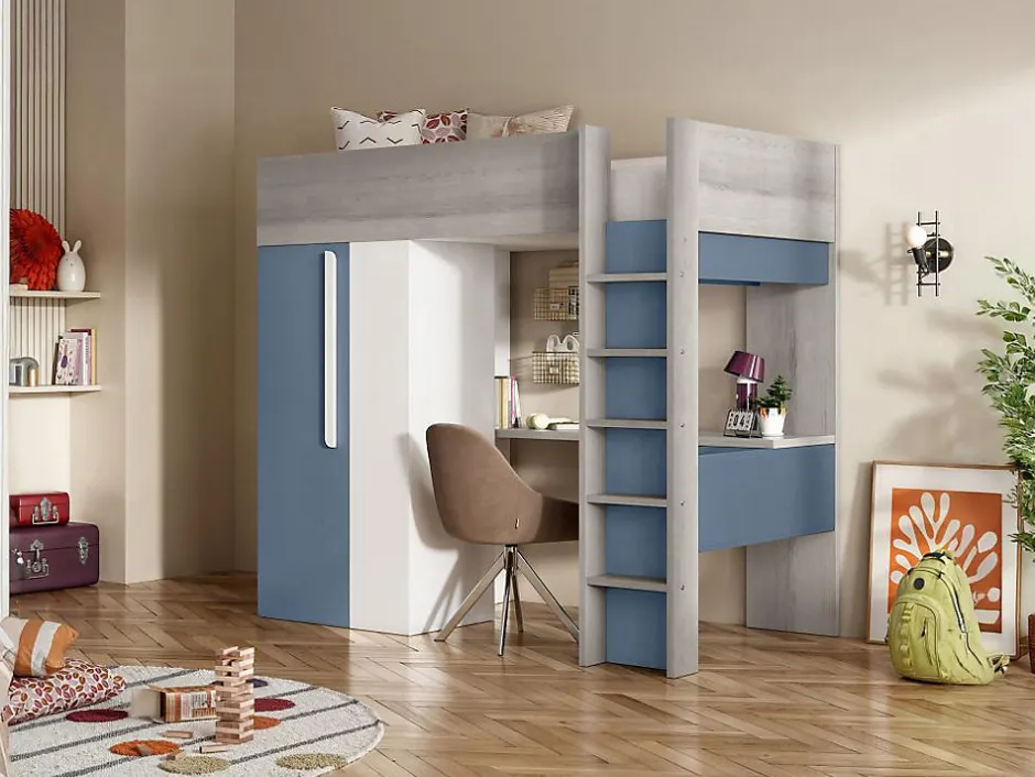 Vente-unique Lit mezzanine 90 x 200 cm avec armoire et bureau - Bleu et blanc - NICOLAS