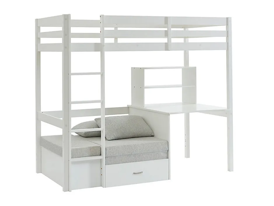 Vente-unique Lit mezzanine 90 x 200 cm avec bureau, sofa convertible et rangements - Pin massif - Blanchi + Matelas - GOLIATH III