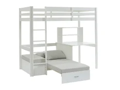 Vente-unique Lit mezzanine 90 x 200 cm avec bureau, sofa convertible et rangements - Pin massif - Blanchi + Matelas - GOLIATH III