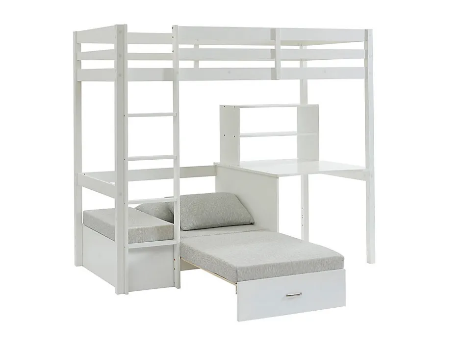 Vente-unique Lit mezzanine 90 x 200 cm avec bureau, sofa convertible et rangements - Pin massif - Blanchi + Matelas - GOLIATH III
