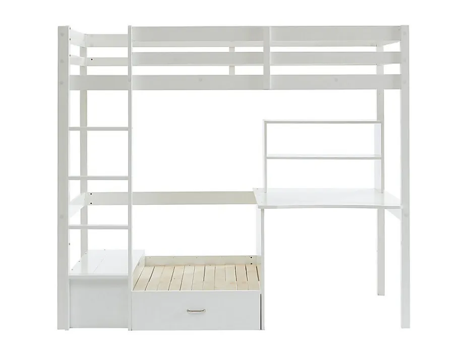 Vente-unique Lit mezzanine 90 x 200 cm avec bureau, sofa convertible et rangements - Pin massif - Blanchi + Matelas - GOLIATH III